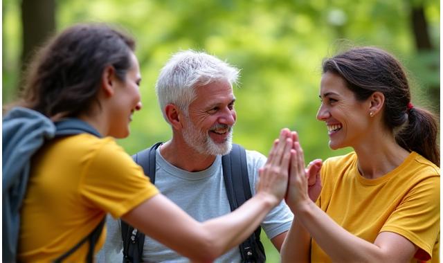A diverse group of adults of various ages successfully completing a fitness challenge together, high-fiving.