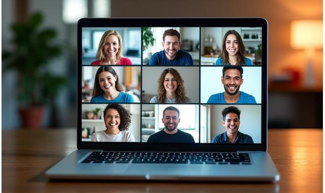 A virtual group gathering on a screen, with participants smiling and interacting, symbolizing online workshops and meetups.
