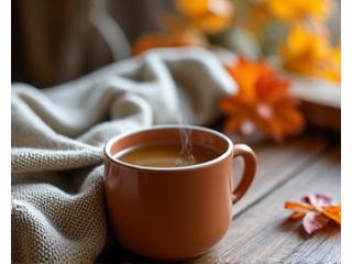 Cozy autumn setting with warm tea, soft blankets, and immune-boosting supplements.