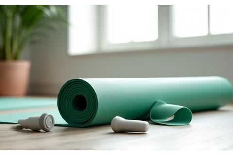Modern home fitness equipment including a yoga mat, resistance bands, and a light dumbbell set on a clean floor.
