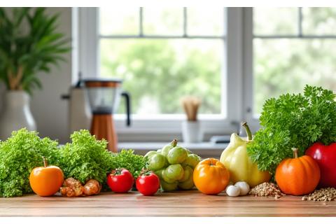 Various healthy food ingredients and cooking tools arranged on a kitchen counter in a bright, modern kitchen.