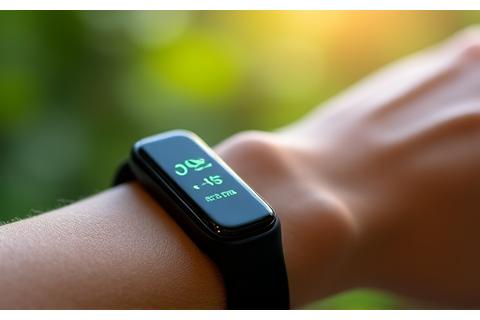 Sleek wearable health tracker on a wrist, displaying wellness data against a blurred natural background.