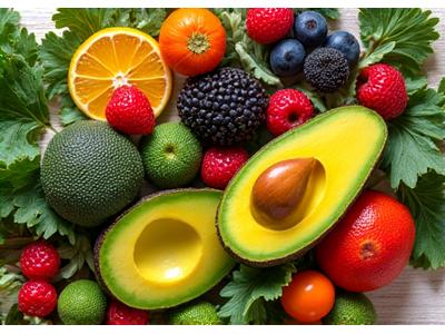 Fresh, vibrant fruits and vegetables artfully arranged